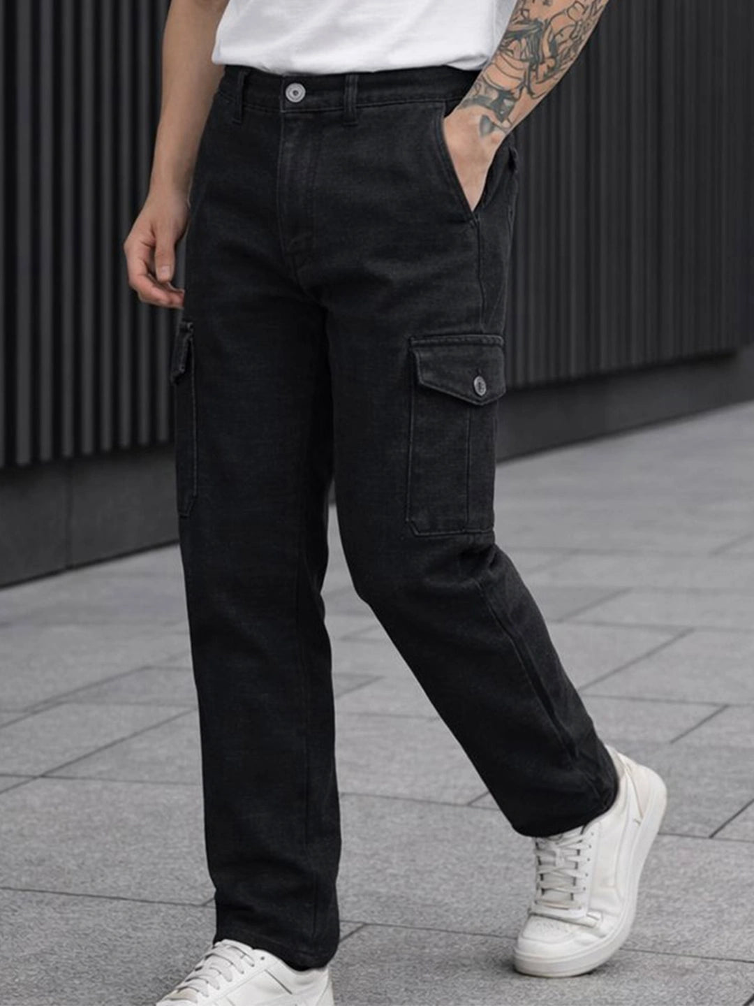 6 Pocket Black Textured Cargo Pant