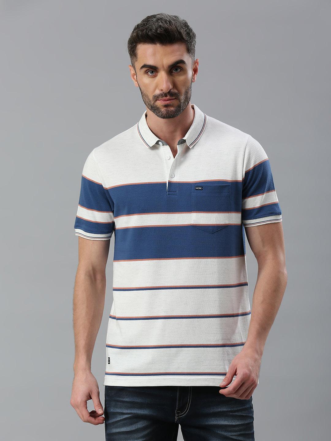 White Navy Striped Polo T-Shirt