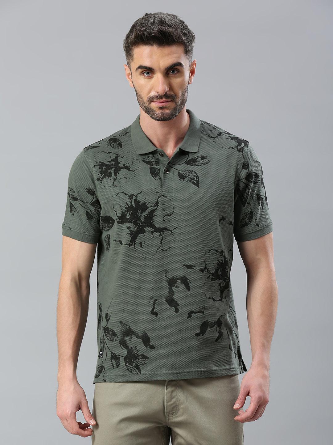 Dusty Green Printed Polo T-Shirt