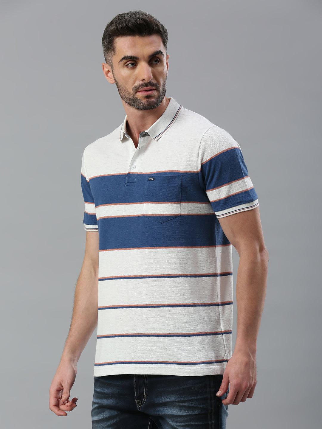 White Navy Striped Polo T-Shirt
