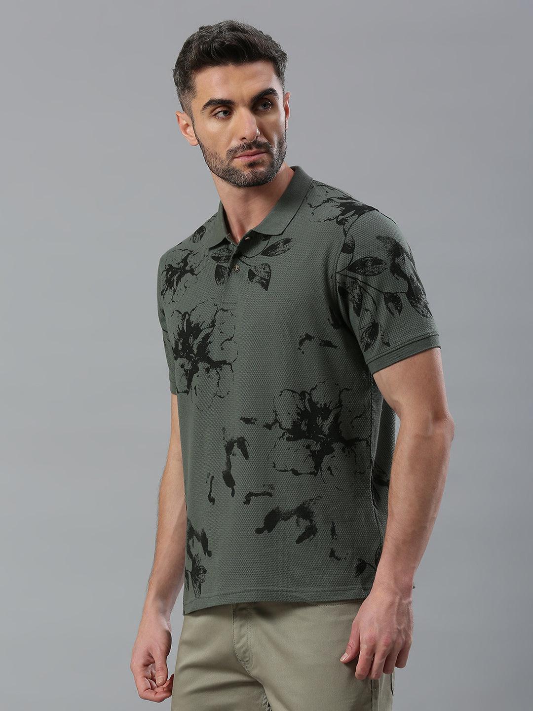 Dusty Green Printed Polo T-Shirt