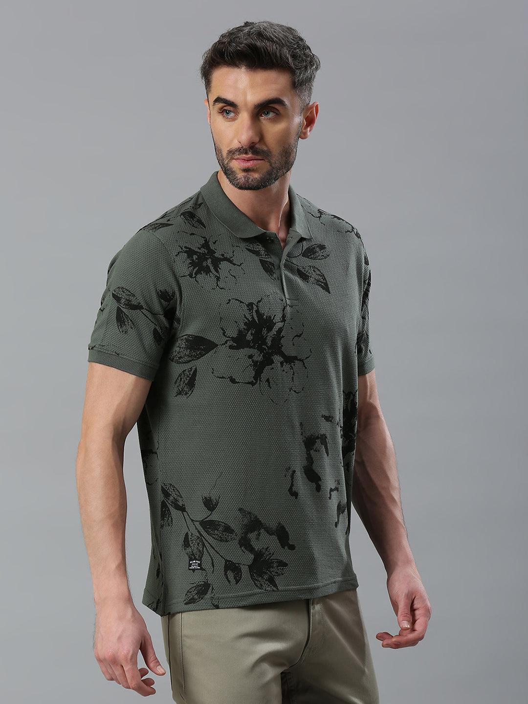 Dusty Green Printed Polo T-Shirt