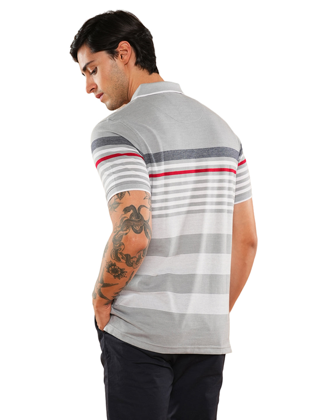 Grey White Striped Polo T-Shirt