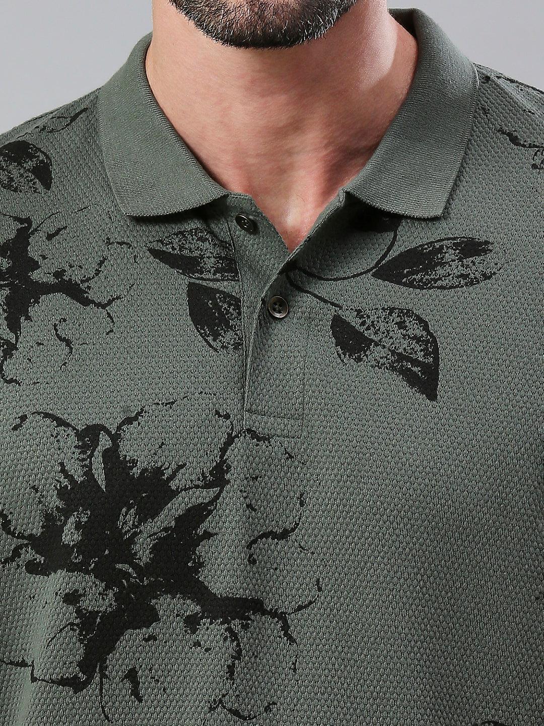 Dusty Green Printed Polo T-Shirt