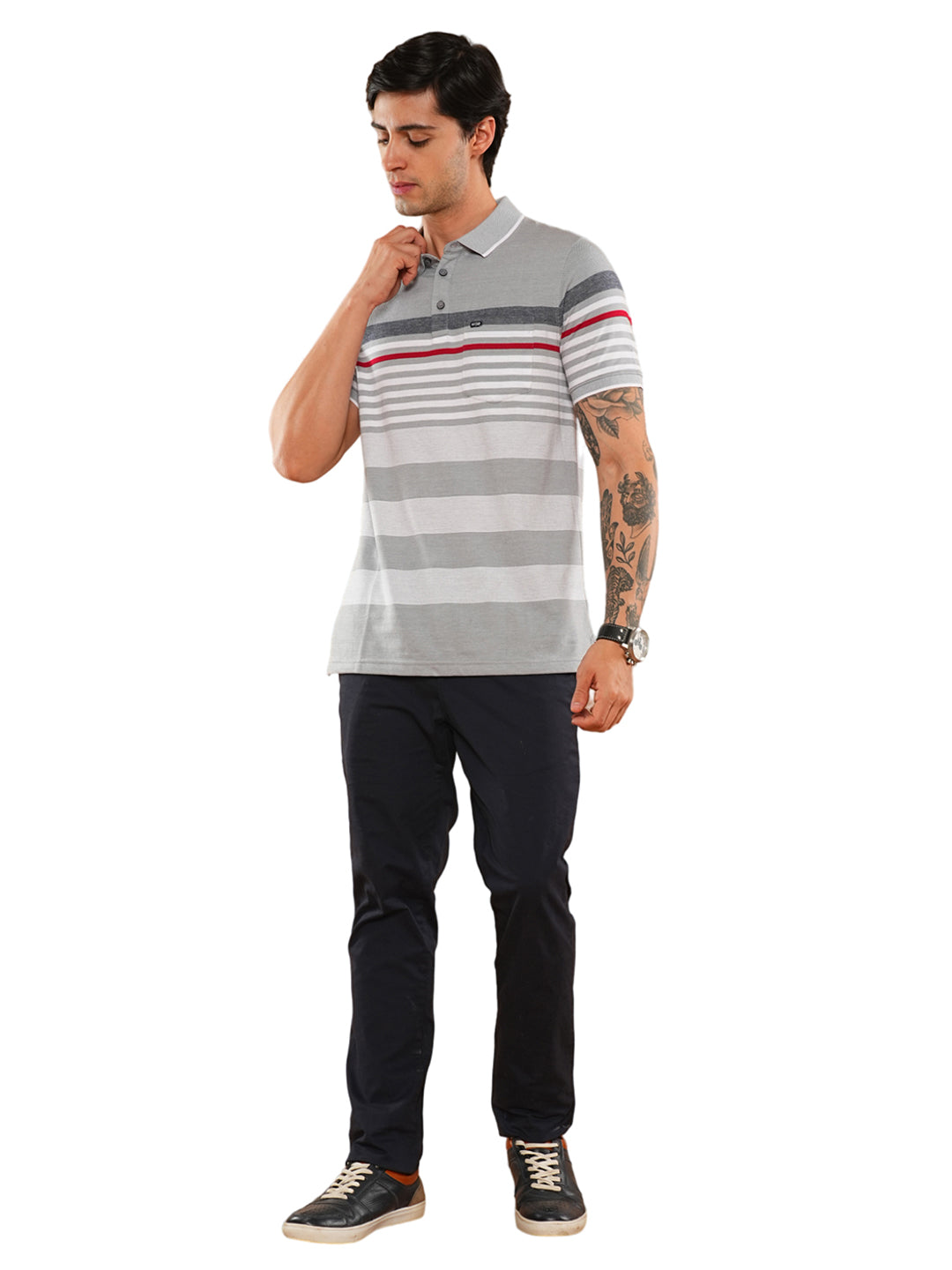 Grey White Striped Polo T-Shirt