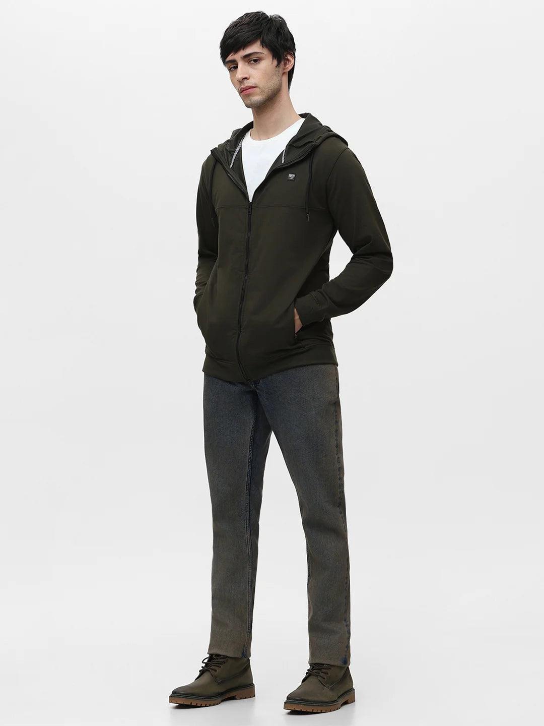 Olive Zipper Hood Solid Sweatshirt