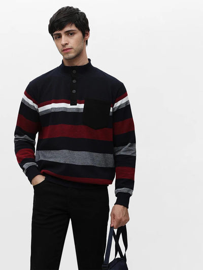 Navy High Neck Striped Sweatshirt