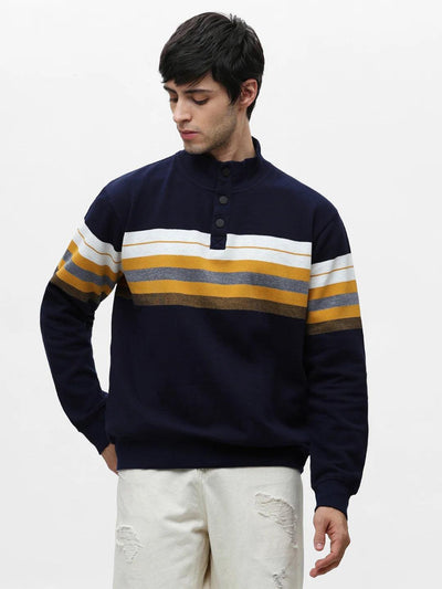 Blue Melange High Neck Striped Sweatshirt