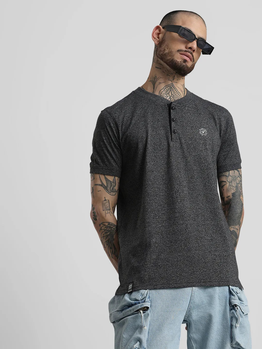 Black Solid Henley T-Shirt