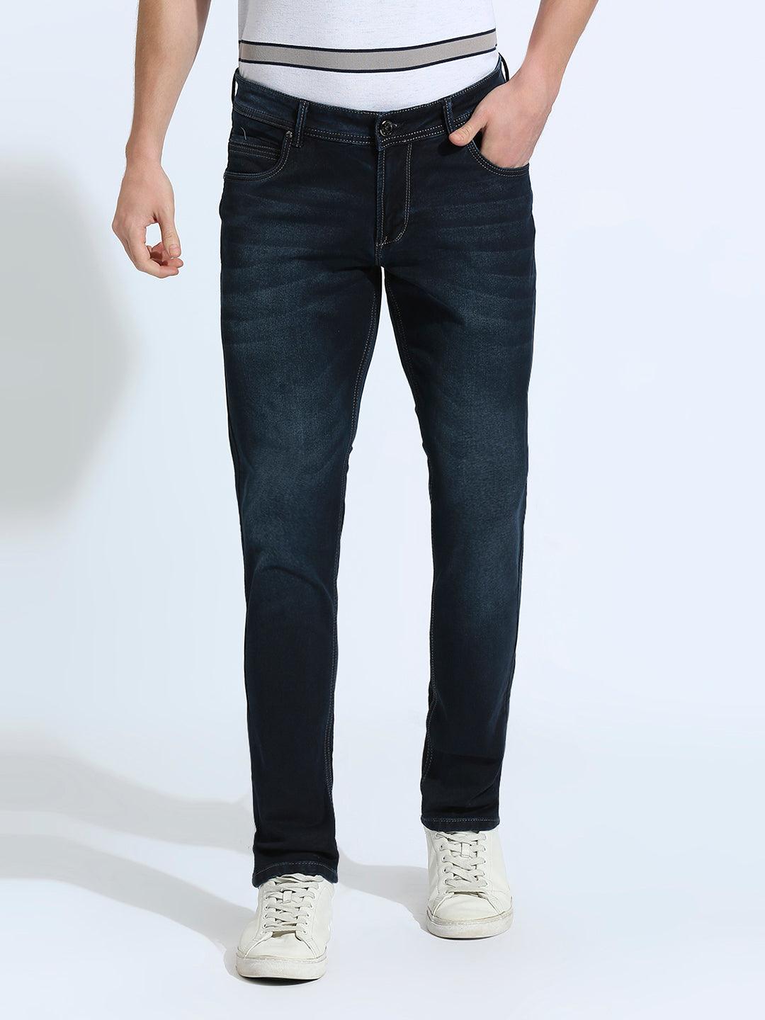 Stretchable Midnight Blue Grunge Wash Slim Fit Jeans