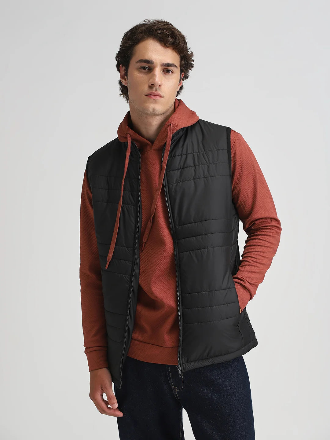 Black Solid Puffer Regular Fit Jacket