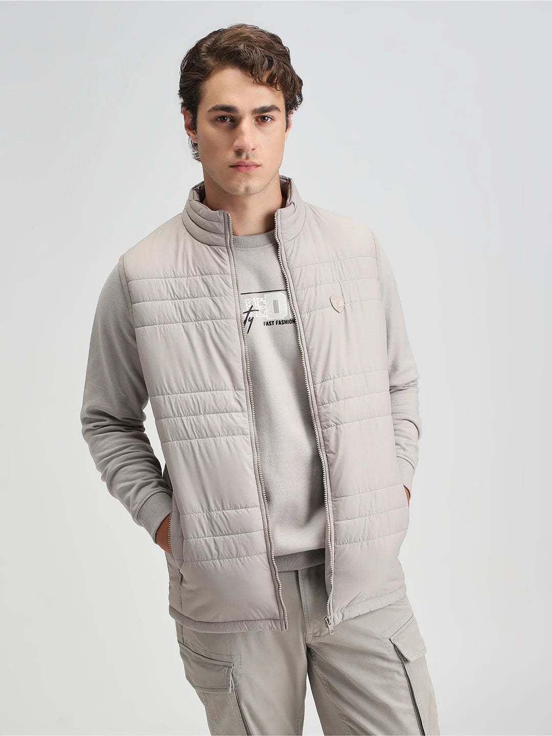 Lt.Grey Solid Puffer Regular Fit Jacket