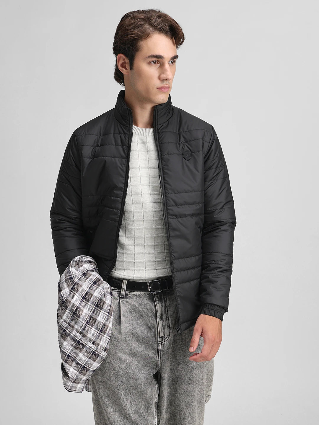 Black Solid Puffer Regular Fit Jacket