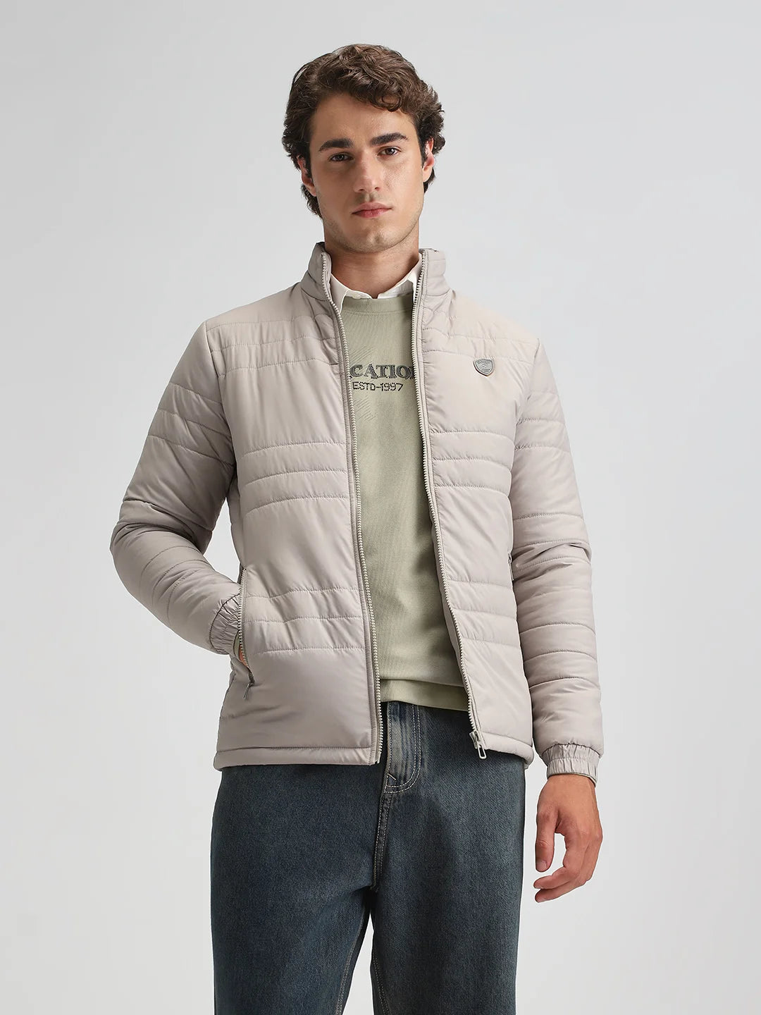 Lt.Grey Solid Puffer Regular Fit Jacket