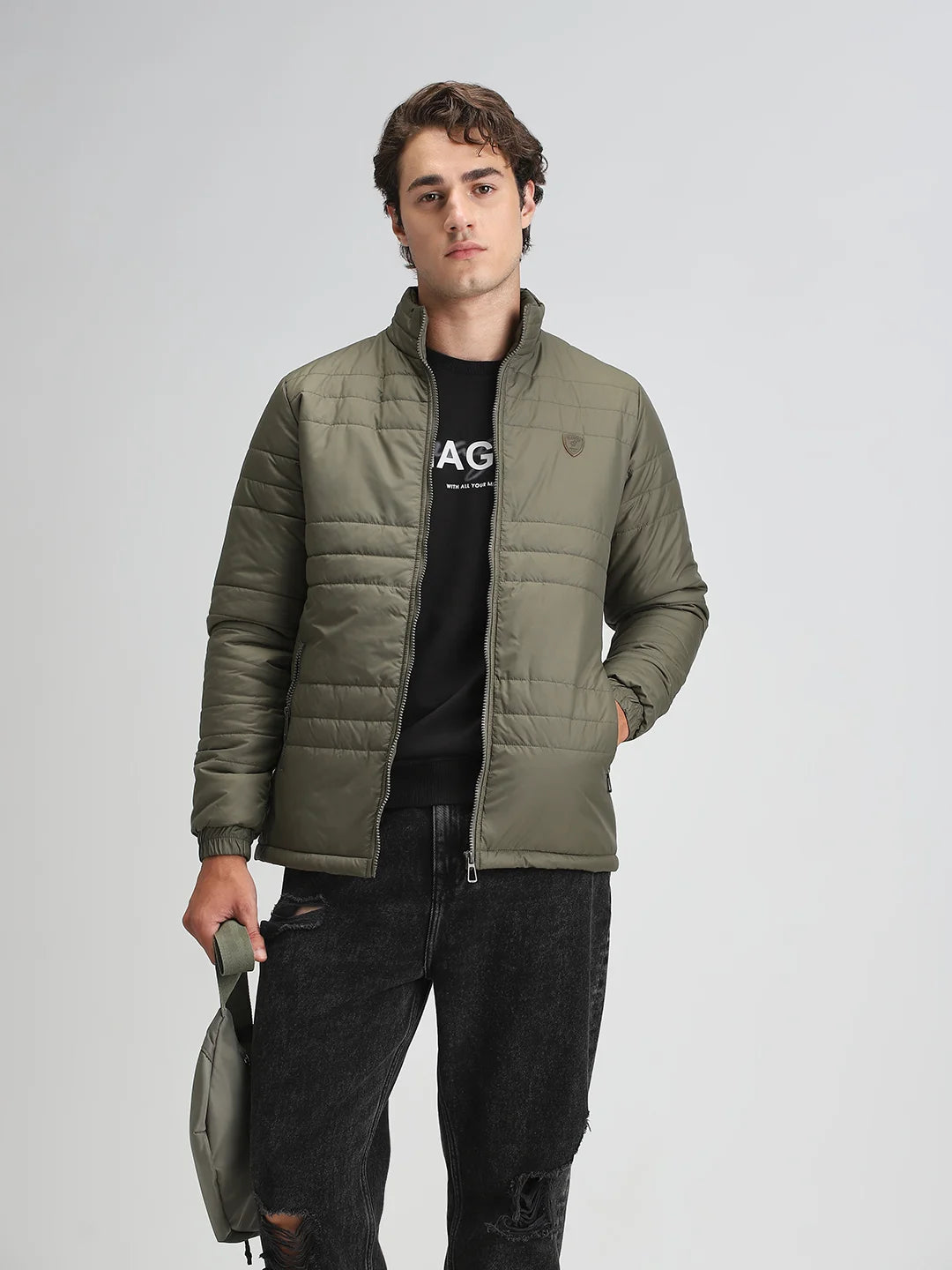 Olive Solid Puffer Regular Fit Jacket