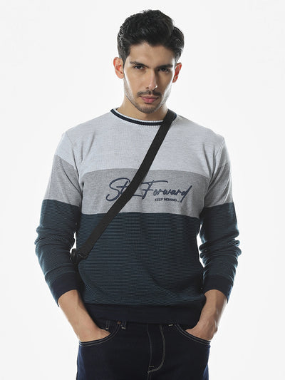Teal Striped Regular Fit Sweater