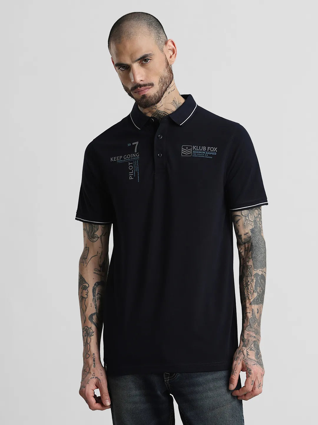 Navy Printed Polo T-Shirt