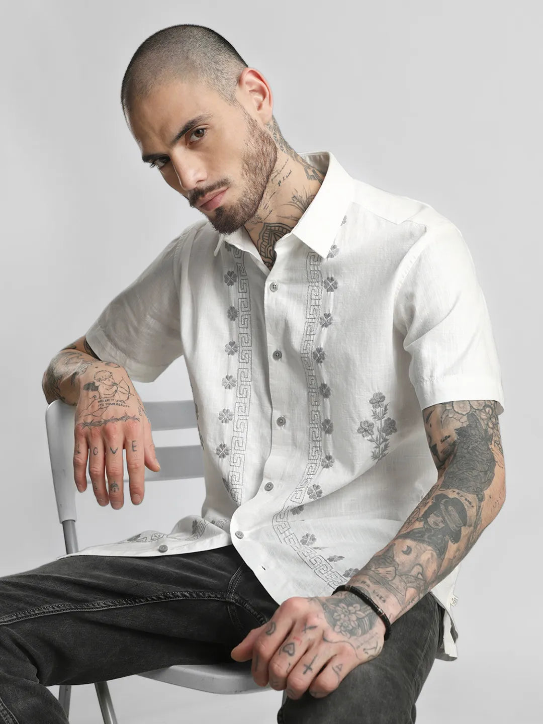 White Fine Embroidered Premium Shirt