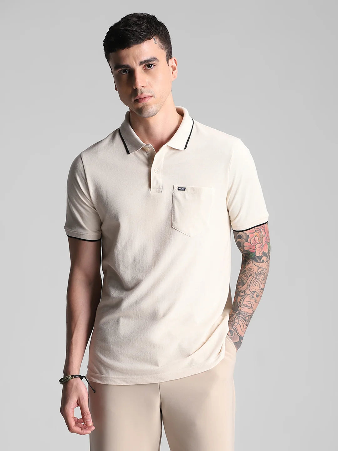 Collar Strip 505 Beige Mélange Solid Polo T-shirt