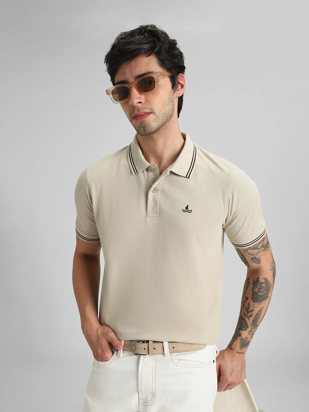 Beige Embroidered Solid Polo T-Shirt
