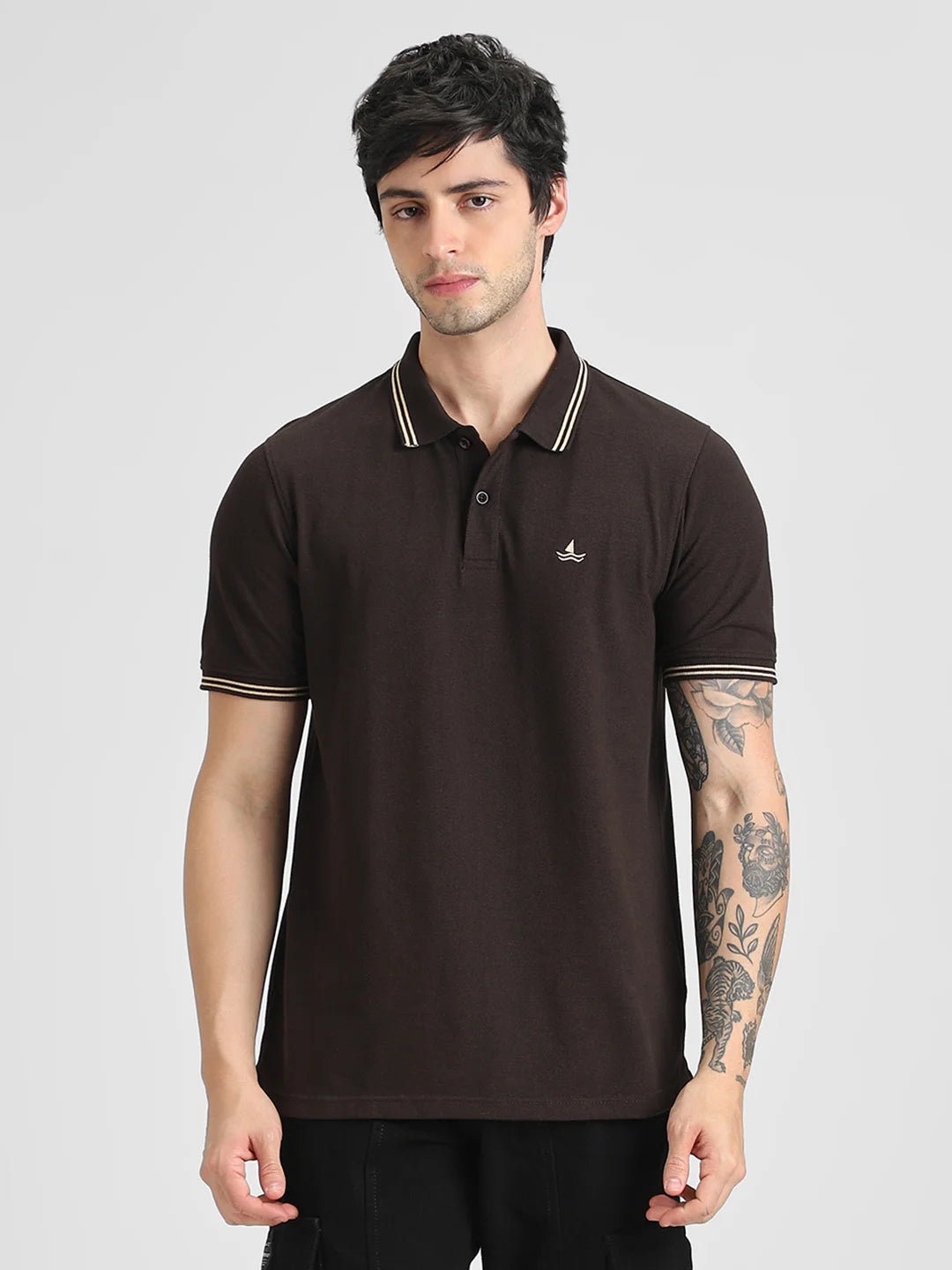 Coffee Embroidered Solid Polo T-Shirt