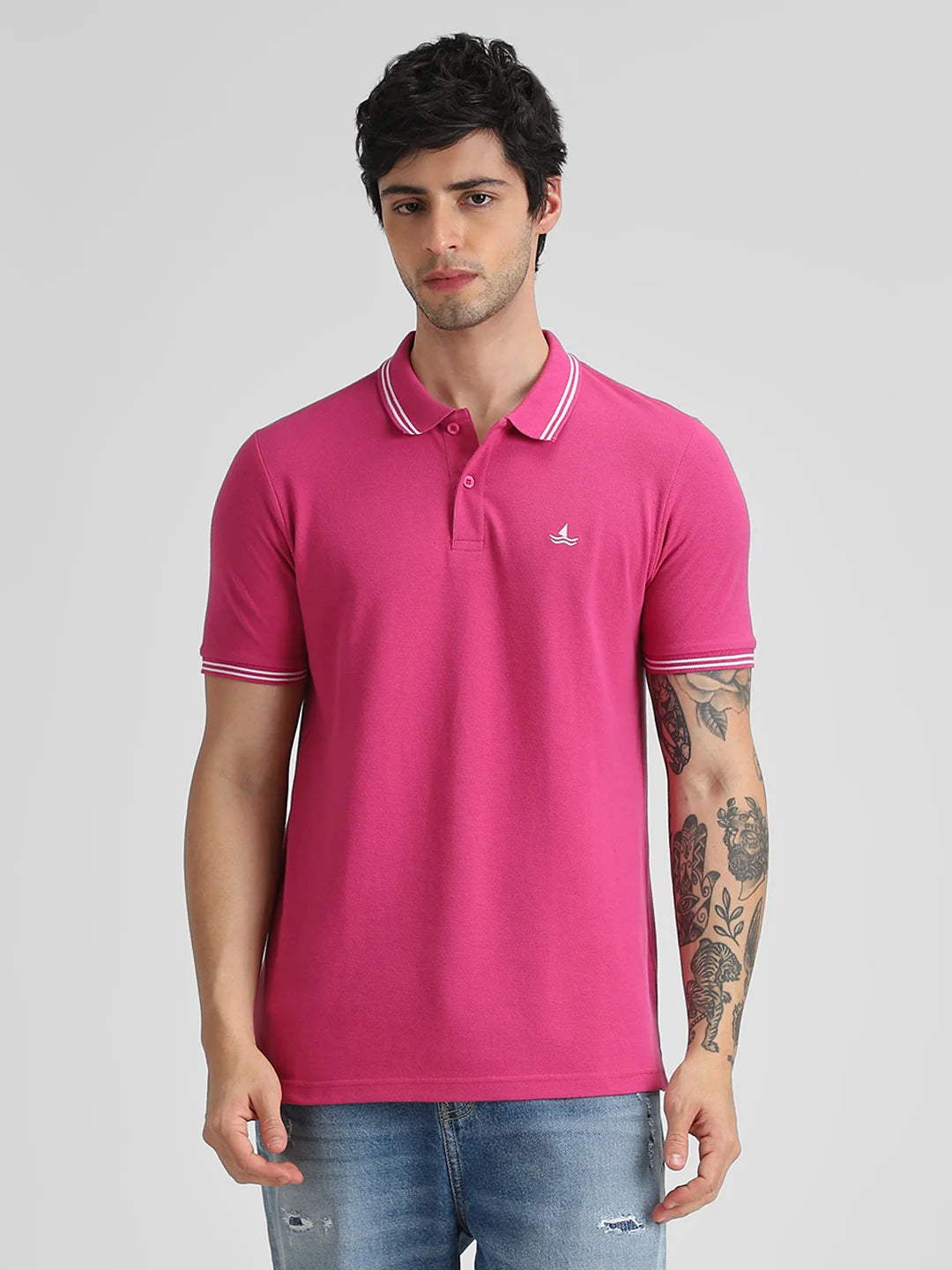 Dark Pink Embroidered Solid Polo T-Shirt