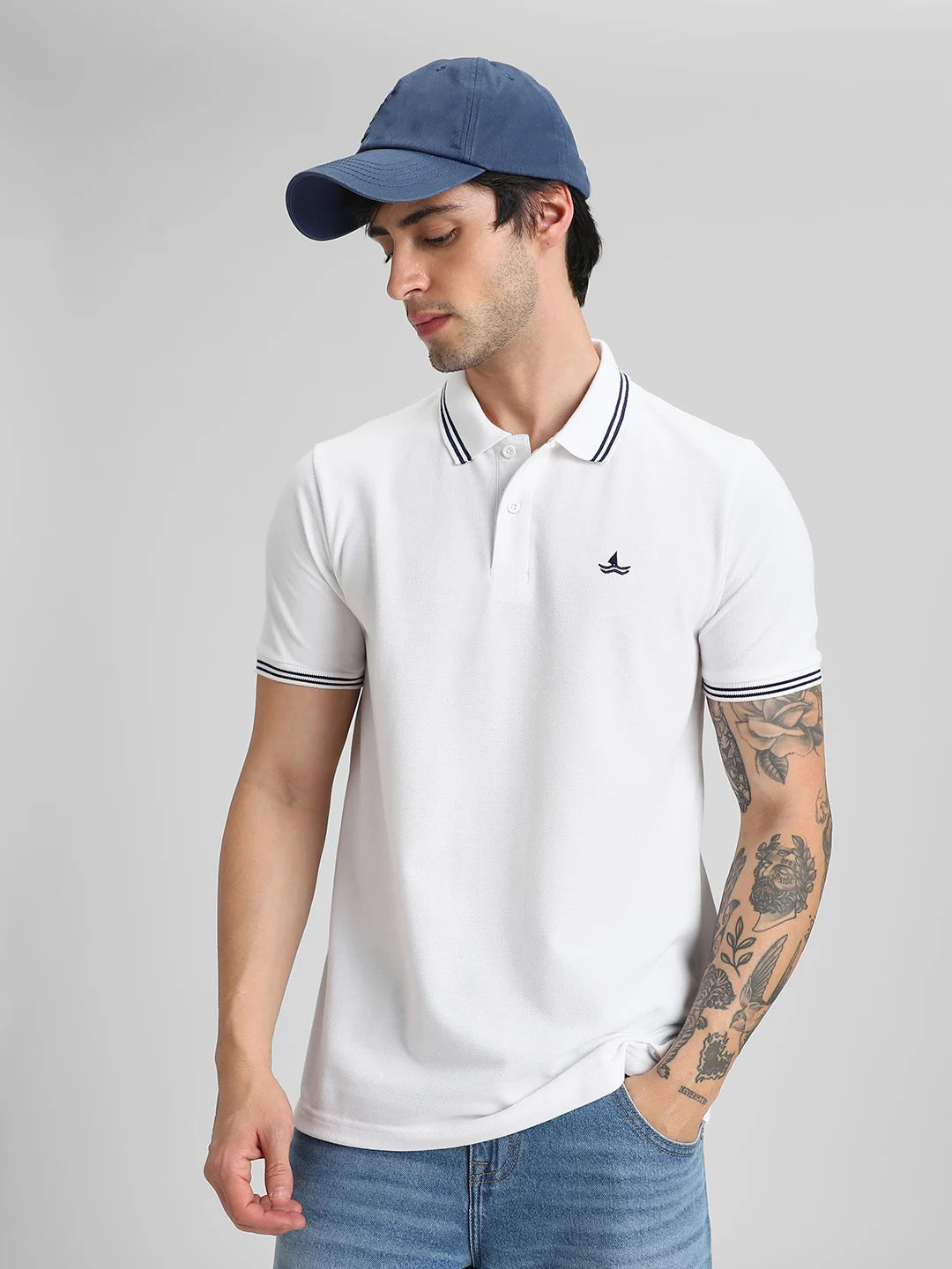White Embroidered Solid Polo T-Shirt