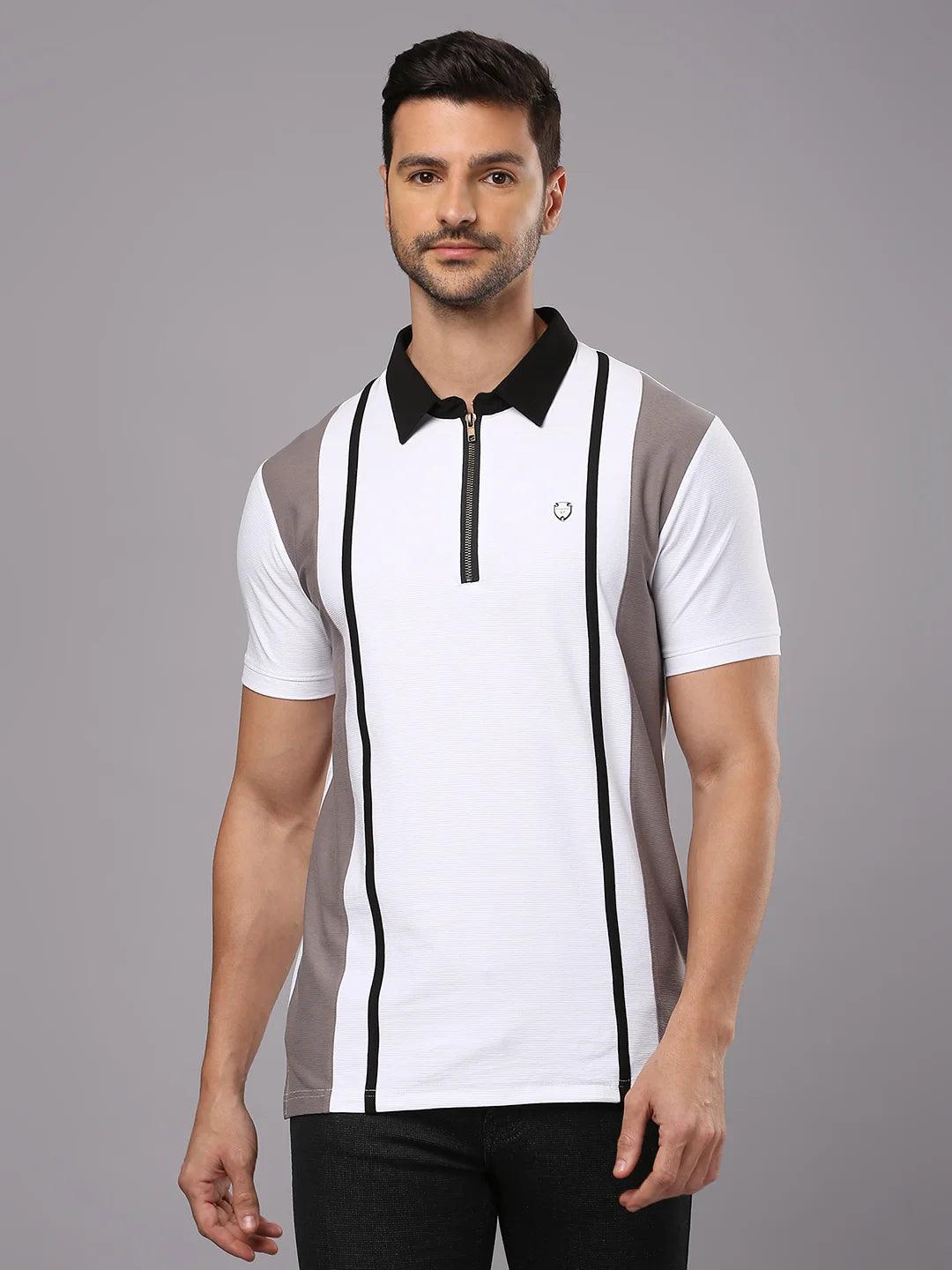 White Grey Solid Polo T-Shirt