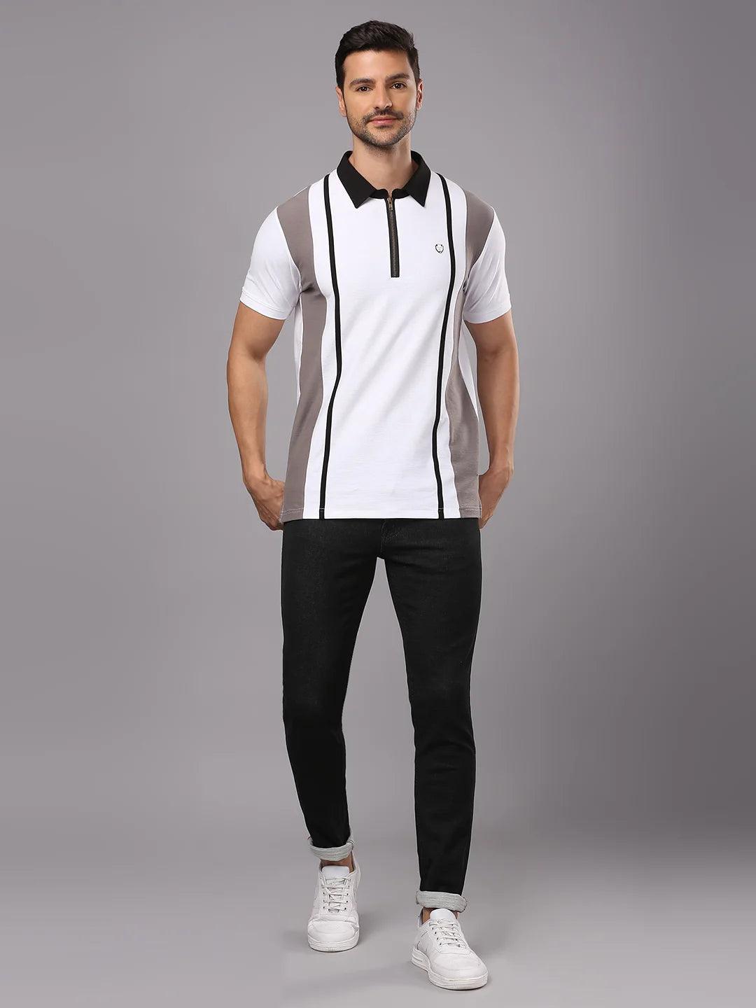 White Grey Solid Polo T-Shirt