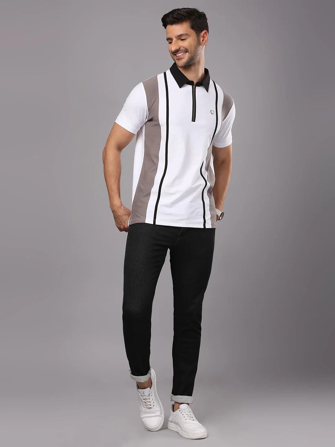 White Grey Solid Polo T-Shirt