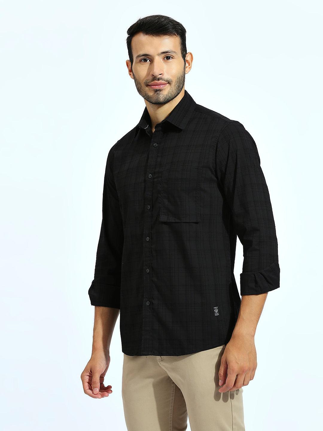 Self Chequered Black Shirt