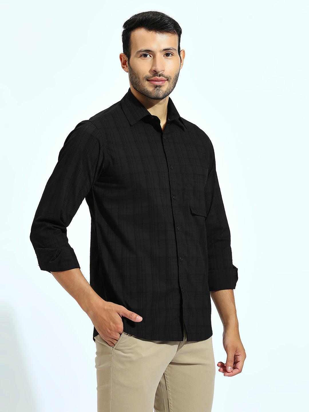 Self Chequered Black Shirt