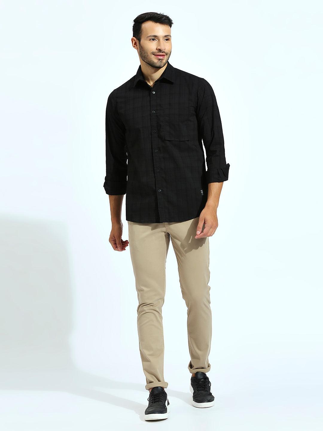 Self Chequered Black Shirt