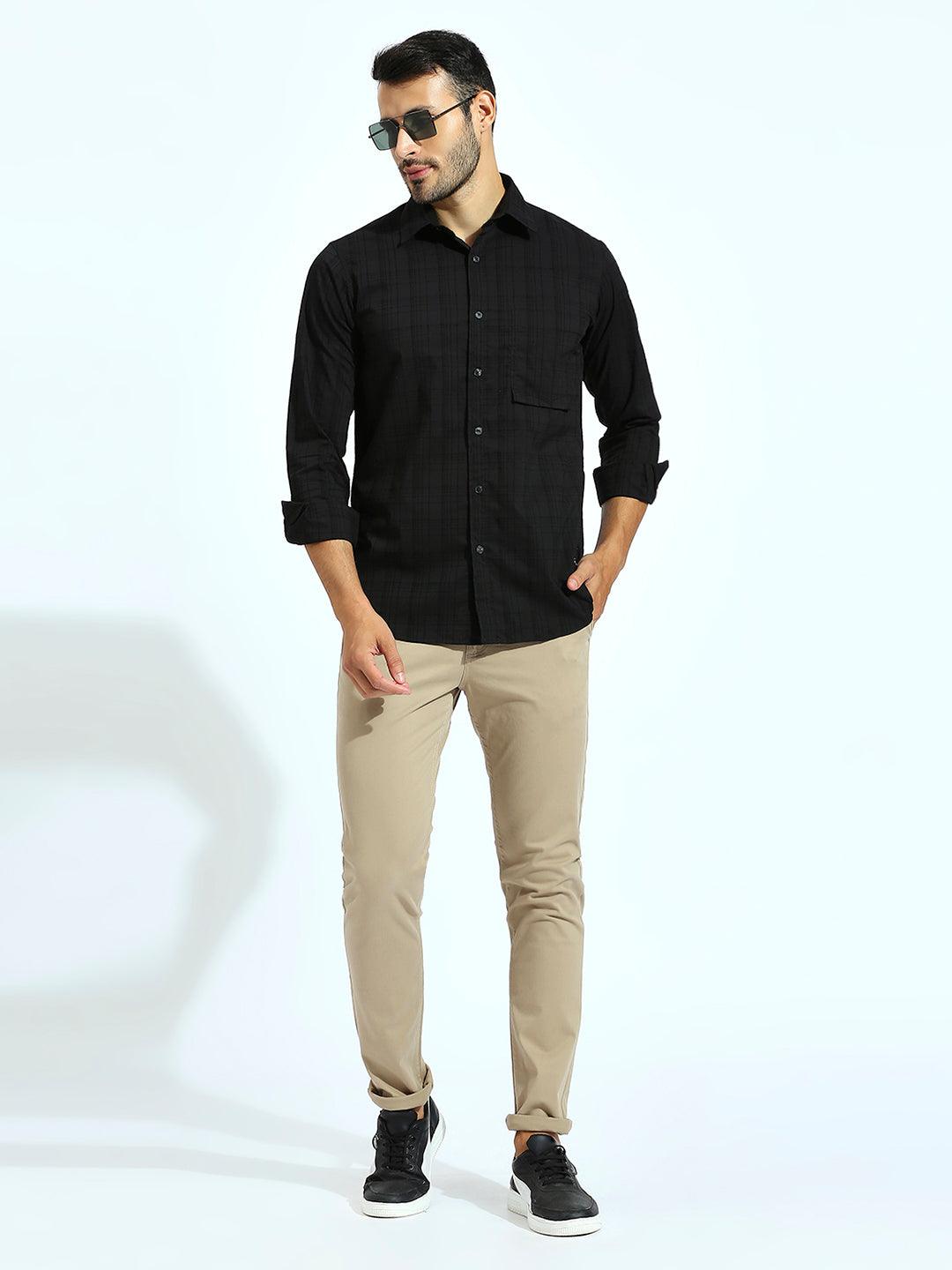Self Chequered Black Shirt
