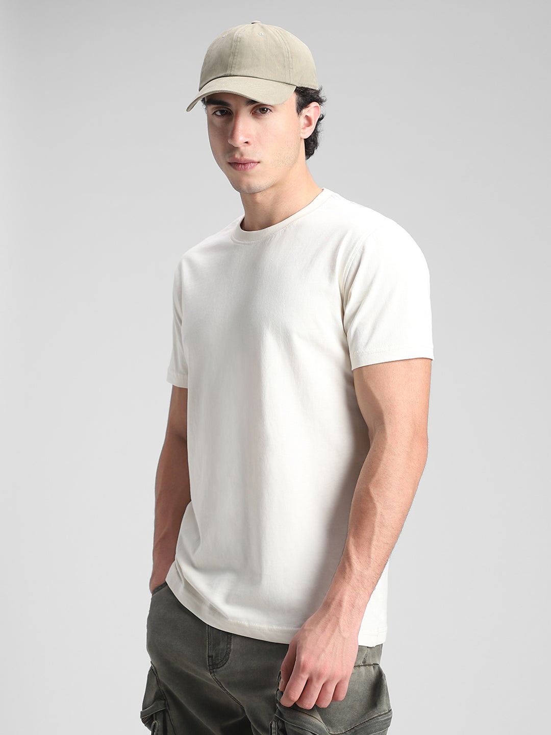 Cream Solid Crew T-Shirt