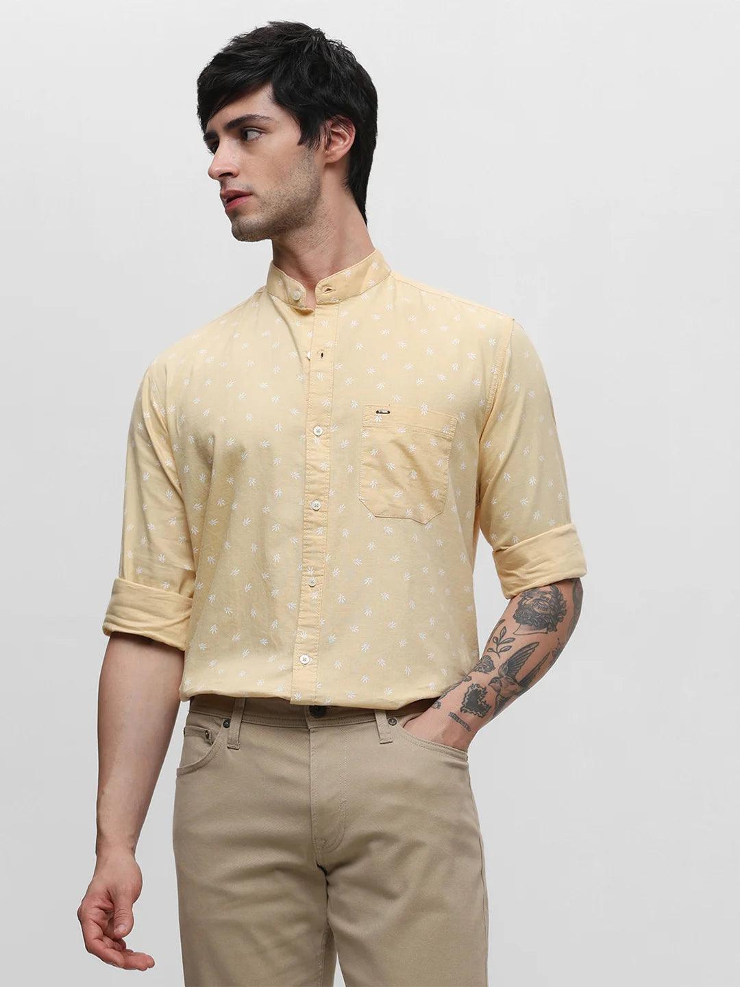 Yellow Band Collar Printed Shirt