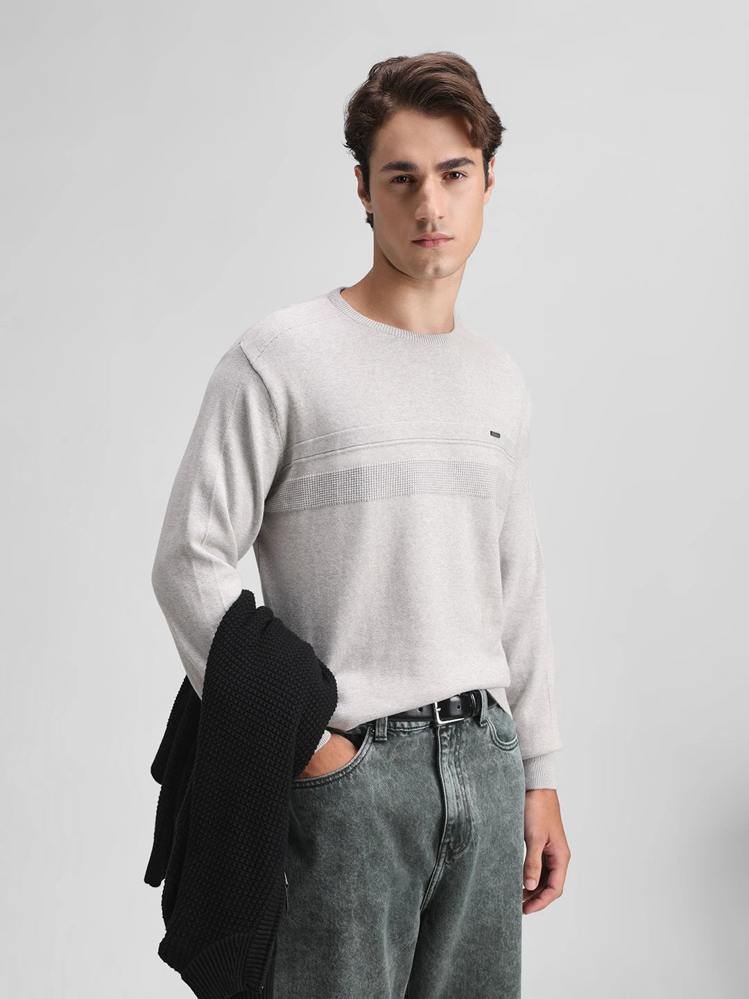 Grey Melange Solid Sweater