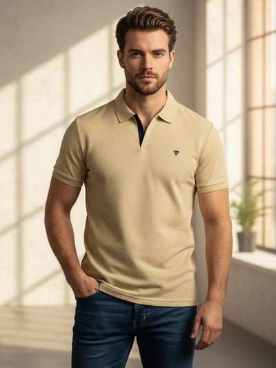 KF Khaki Melange Solid Polo Regular Fit T-Shirt