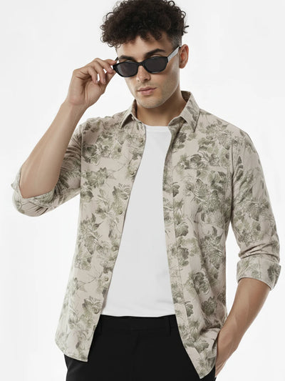 Beige Printed Slim Fit Shirt