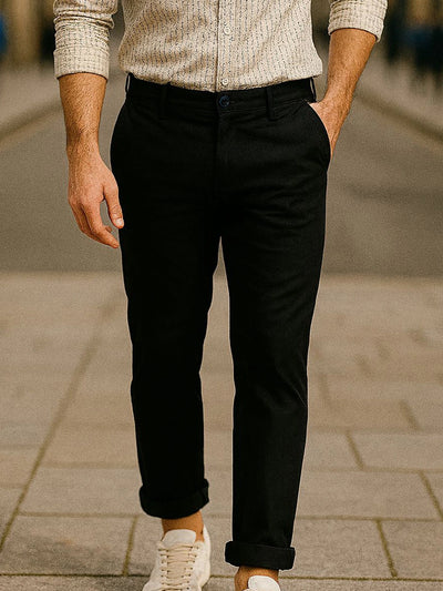 Stretchable Textured Black Narrow Chino Pants