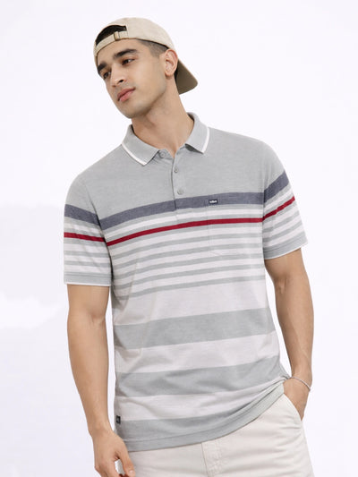 Grey White Striped Premium Polo T-Shirt