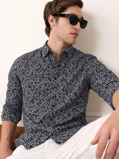 Dark Navy Printed Partywear Shirt