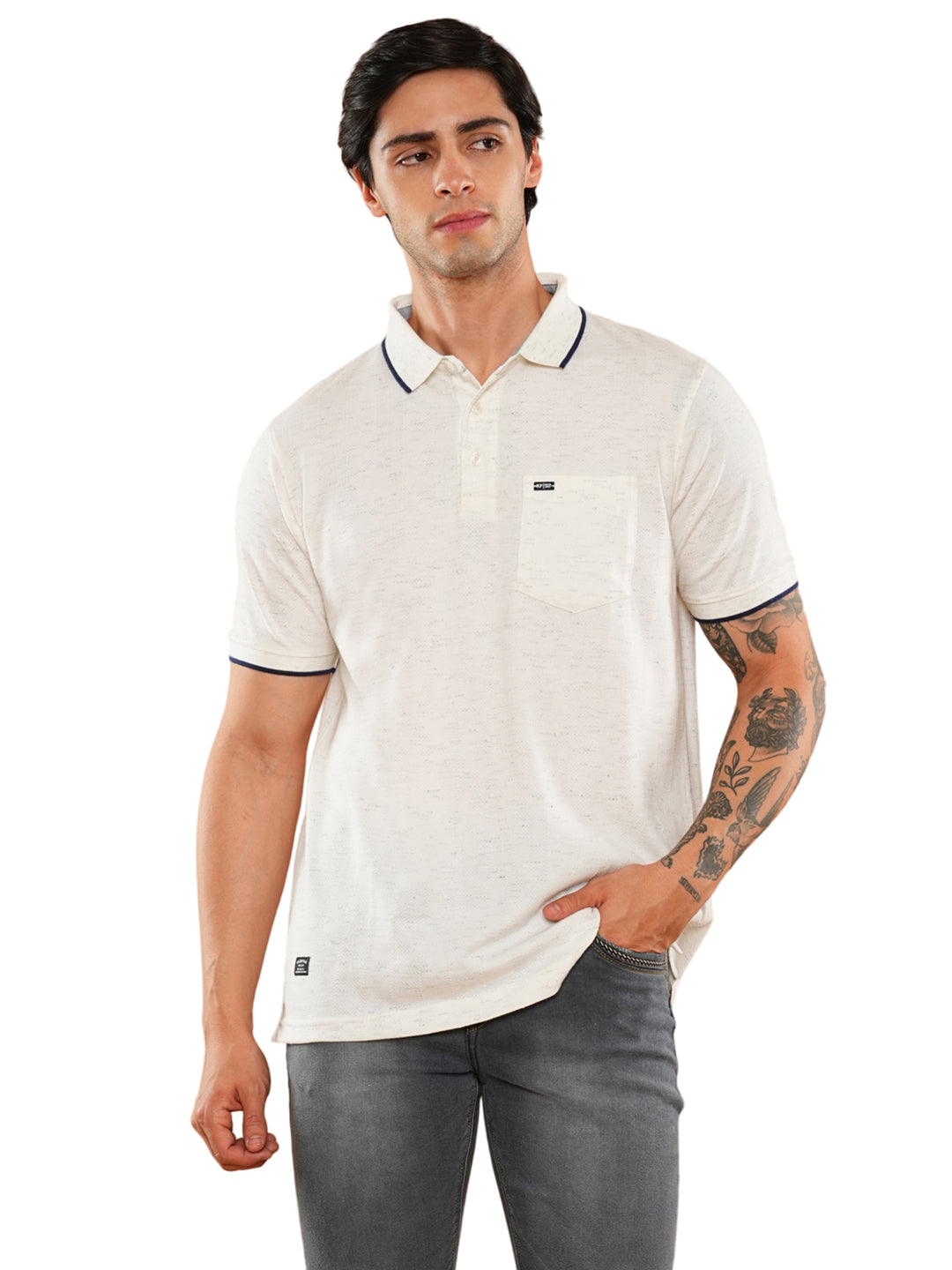 Ecru Melange Solid Polo Regular H/S T-Shirt