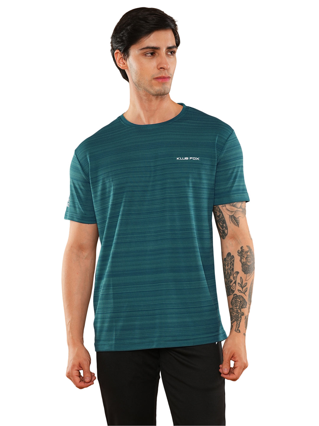 Teal Blue Solid Round Regular H/S T-Shirt