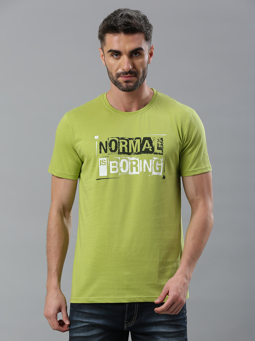 Lime Green Printed Regular Fit Half Sleeve T-Shirt