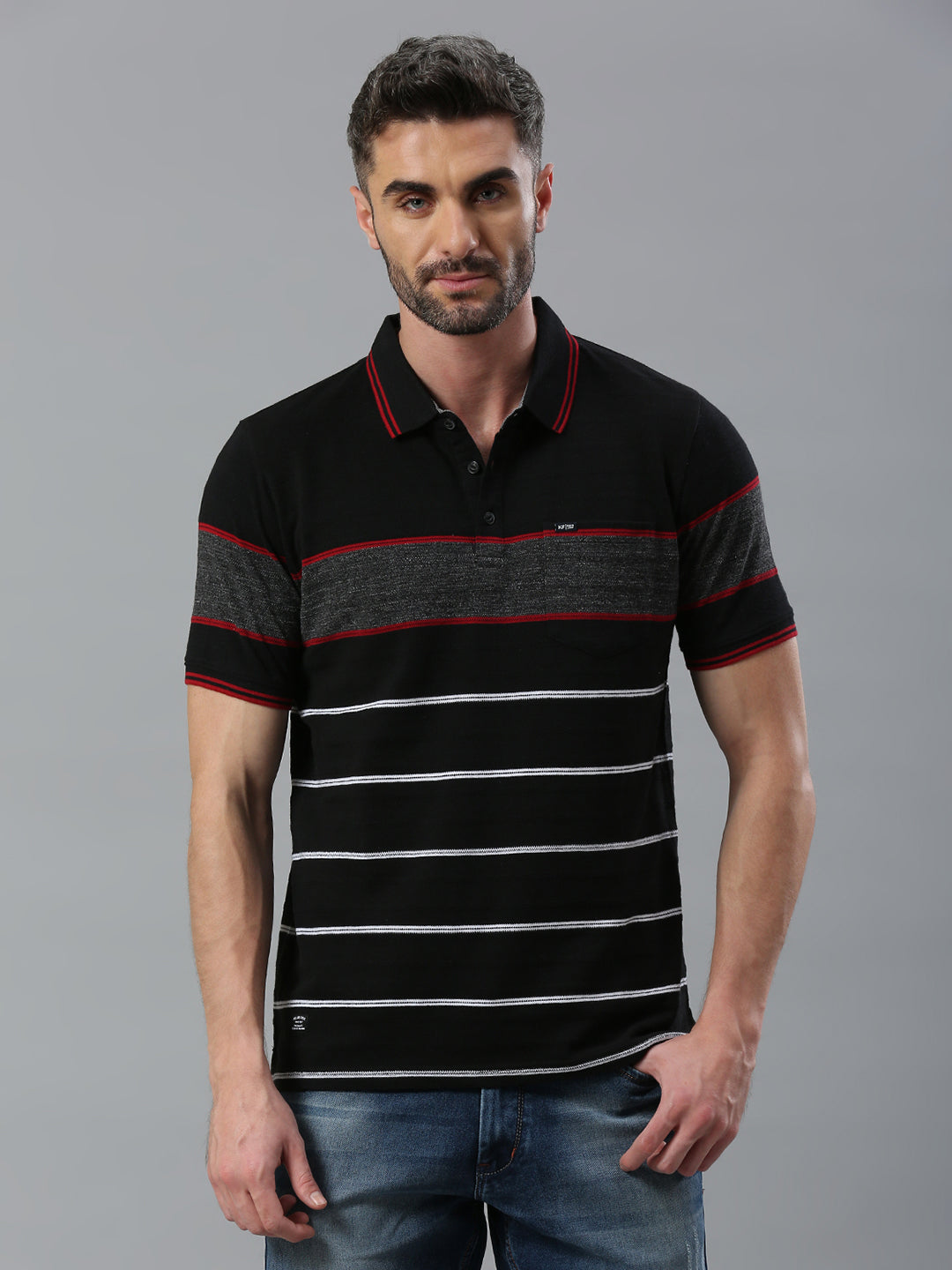 Black Red Striped Regular Fit Half Sleeve T-Shirt