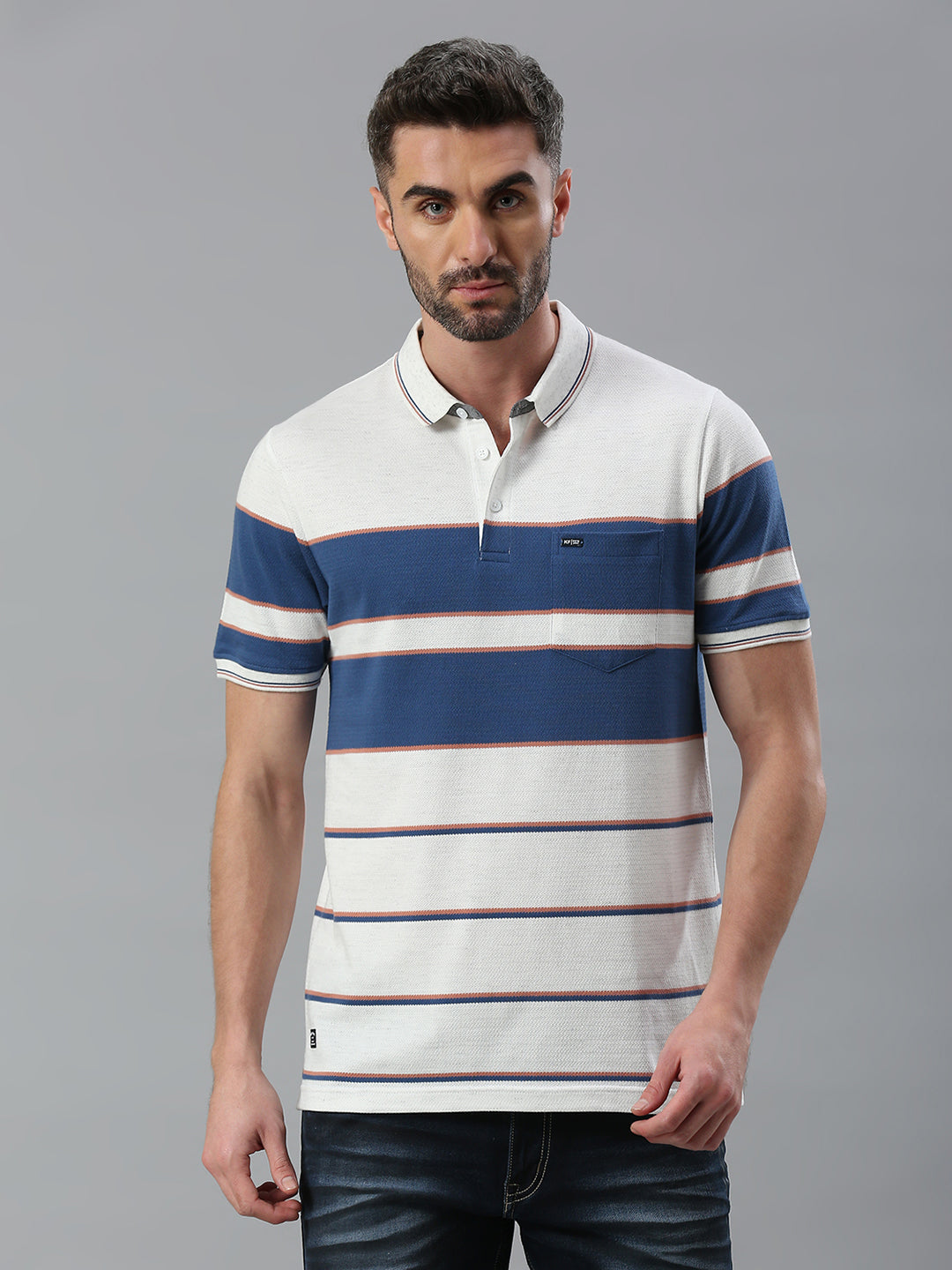 White Navy Striped Regular Fit Half Sleeve T-Shirt