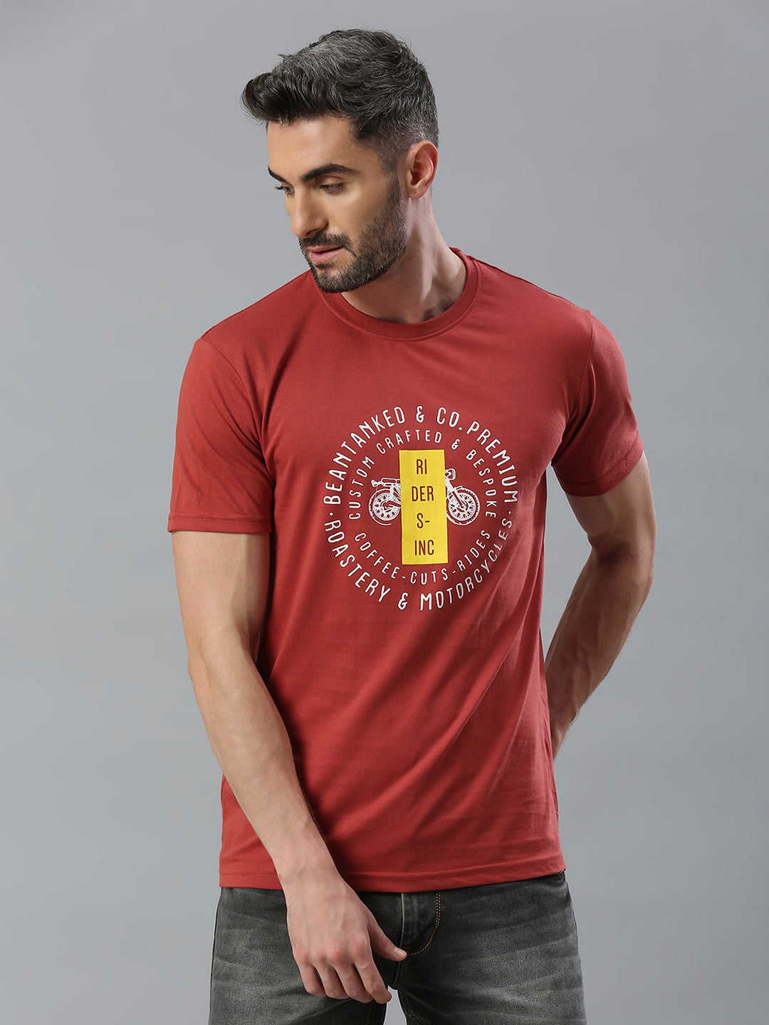 Brick Red Printed Regular Fit Half Sleeve T-Shirt