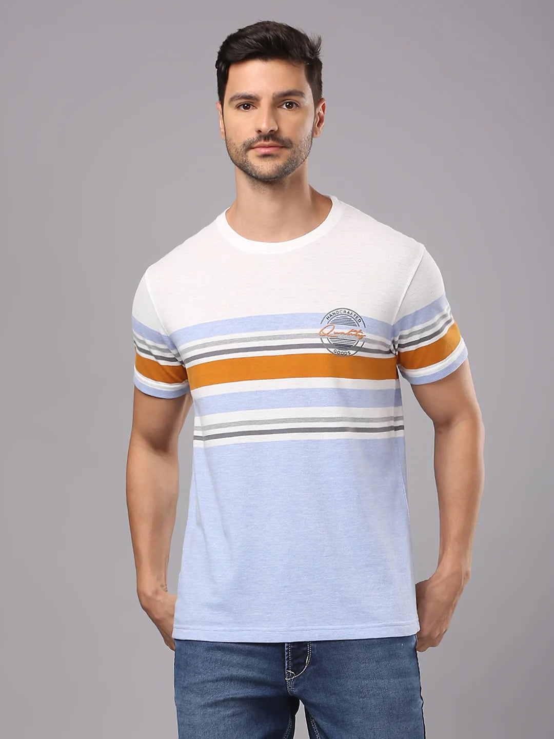 Ecru Melange Sky Blue Solid Round Regular H/S T-Shirt