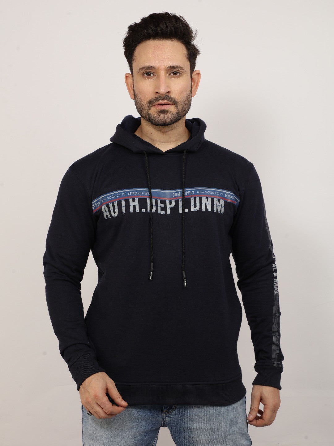 Navy Printed Hooded Sweatshirt